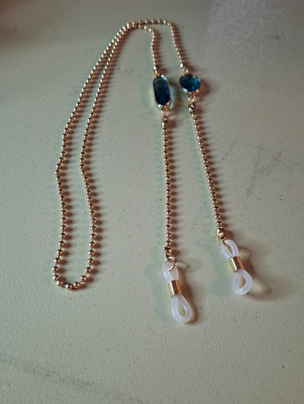 Gold Bead Eyeglass Chain with Blue Crystal Accents New